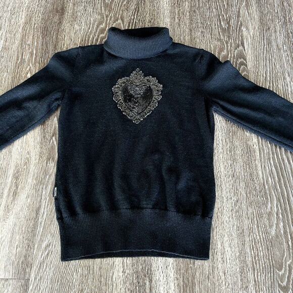 Moschino Jeans Vintage 2000s Black Wool Beaded Heart Turtleneck Sweater Knit Top - Picture 1 of 9
